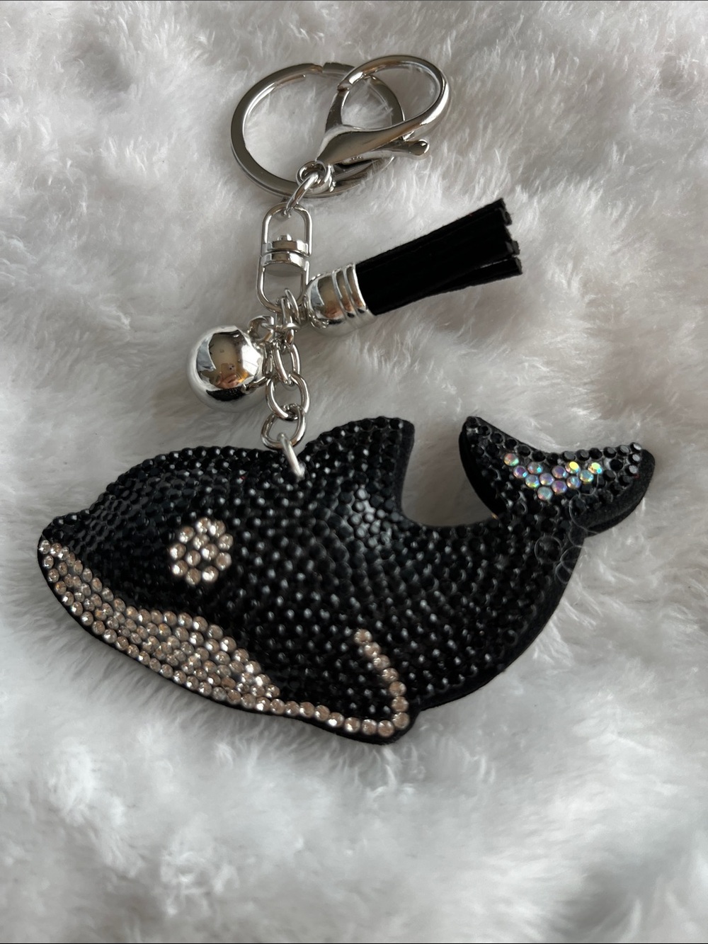 Black Rhinestone Whale Bag Charm / Keychain with Tassel